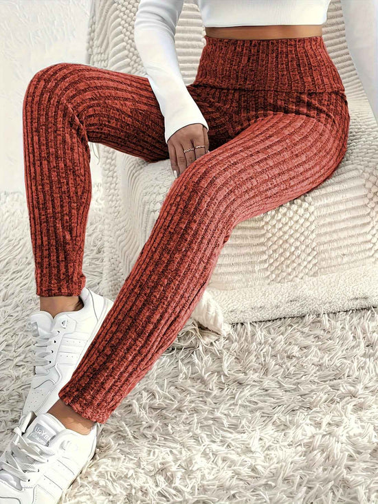 1pc Plus Size High Waist Solid Color Knit Leggings, Casual Stretchy Slimming Tights for Women, Polyester Knitted Fabric, Autumn/Winter Season