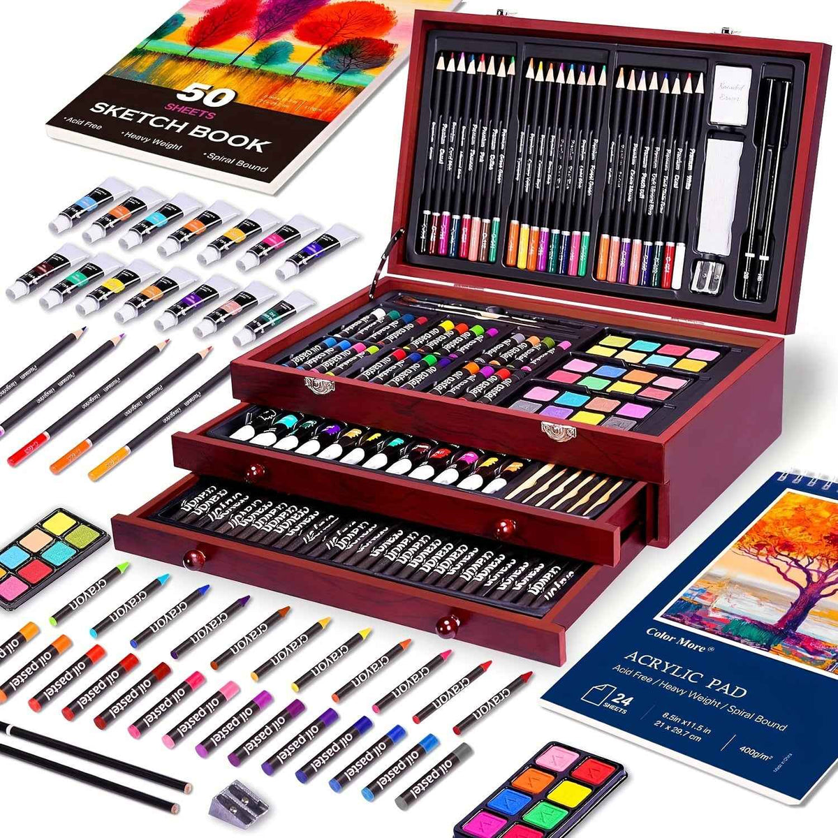 175pcs Deluxe Art Set With 2 Drawing Pads, Crayons, Acrylic Paints, Colored Pencils Set In Wooden Case, Professional Art Kit, Paint Supplies, Gift, Christmas & Halloween, Back To School