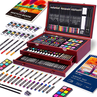 175pcs Deluxe Art Set With 2 Drawing Pads, Crayons, Acrylic Paints, Colored Pencils Set In Wooden Case, Professional Art Kit, Paint Supplies, Gift, Christmas & Halloween, Back To School