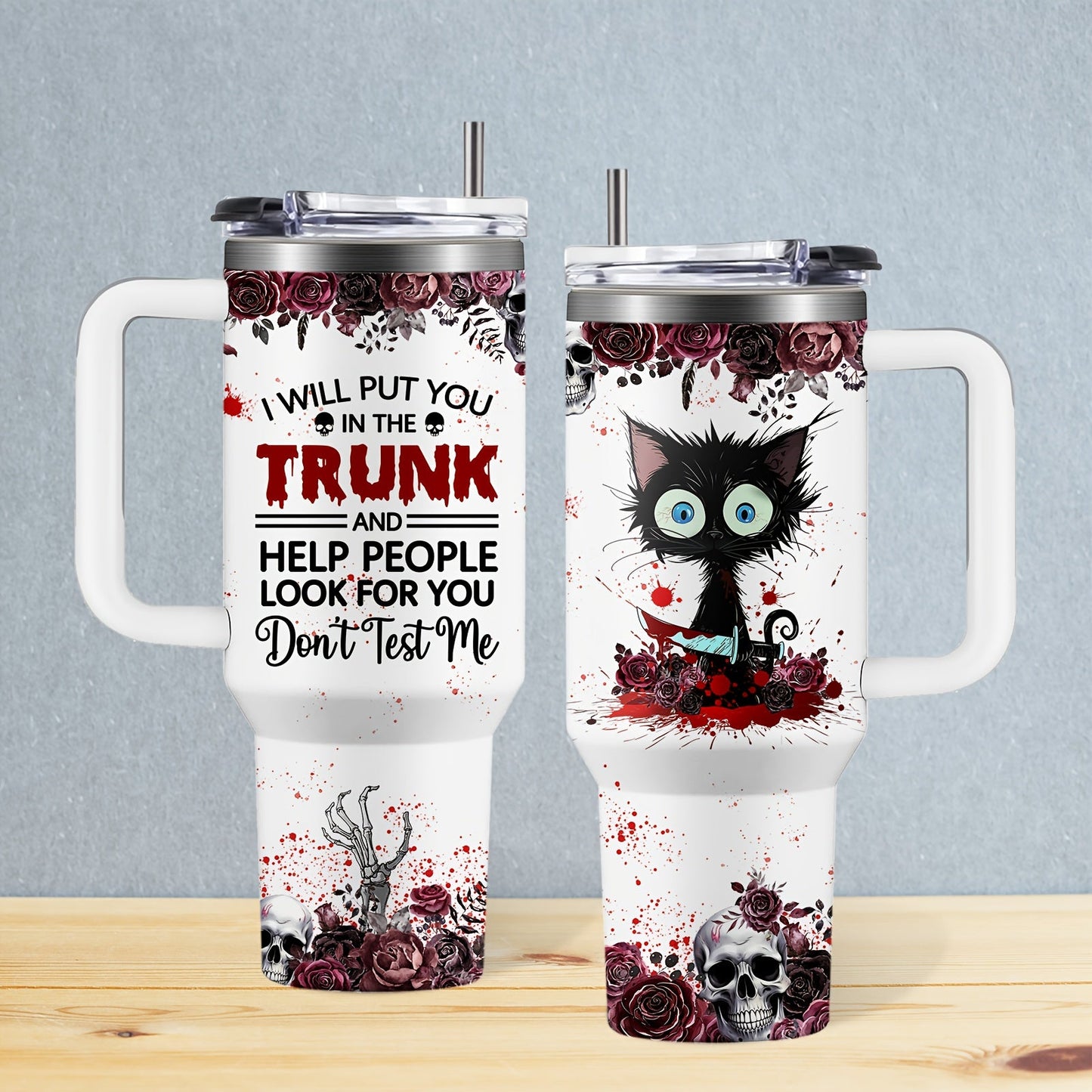 [Horror Cat Coffee Mug] Halloween Horror Cat Coffee Mug | 1pc Stainless Steel Insulated Cup 40oz with Lid & Straw, Large Capacity, White - Halloween Cat Cup SS69 22.69 40 Oz