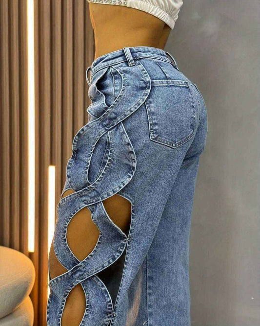 Women'S High-Waisted Wide-Leg Jeans with S-curve Side Cut-Out Design - Stretch Denim, Comfort Fit Leg-Lengthening Pants for Spring/Summer Streetwear & Date Nights, High Waisted Jeans, Date Night Attire, Fashionforward Look, S