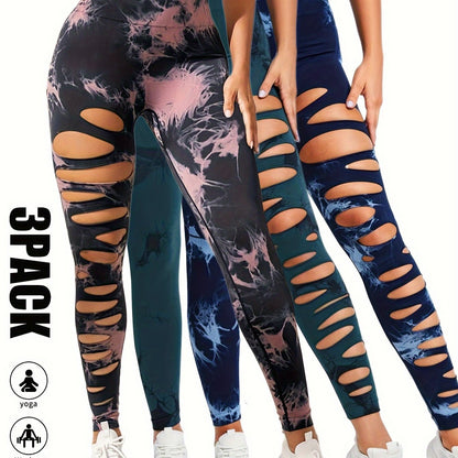 3 Pack High Waist Tie Dye Cutout Yoga Leggings - Scrunch Butt Lifting, Tummy Control, Elastic Workout Pants for Women SS69 42.69 3 Pack-BPN-BLU-DGN / S