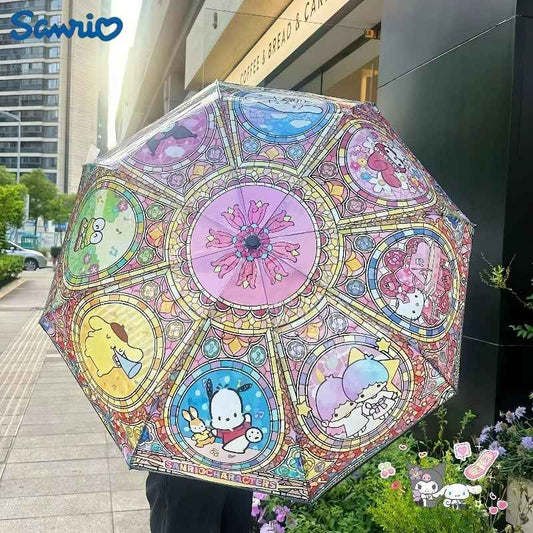 [Cute Anime Umbrella] Sanrio Kuromi/Pochacco/Melody/Kulomi/Beloved Star 1pc Automatic Open/Close Umbrella | Cute Anime Umbrella with 8-Rib Compact Folding Design, One-Touch Button, Pink/Blue/Golden/Purple/Green/Brown/Beige -
