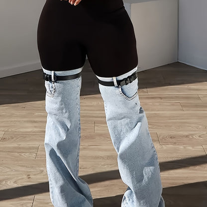 Trendy Two Tone High Elastic Waist Jeans - Women Patchwork Streetwear Style With Garter Belt Detail SS69 26.69 Light Blue / S