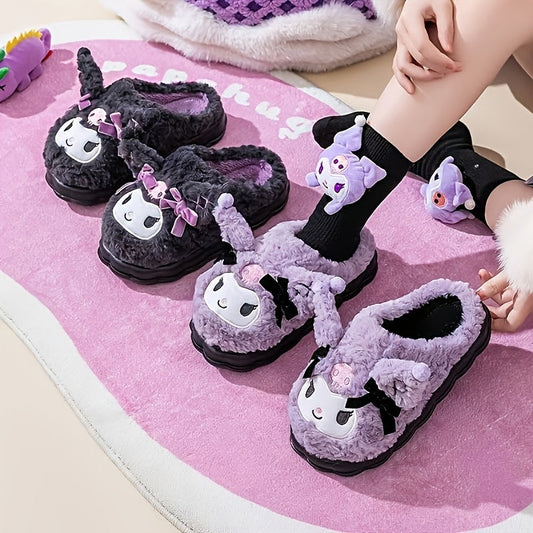 1 Pair Sanrio Hello Kitty Kuromi Women's Plush Slippers - Cute Character Design with Bows, Soft Fabric Upper & Lining, Non-Slip PVC Sole, Warm Winter Indoor House Shoes for Women, Playful Design, Comfortable Footwear SS69
