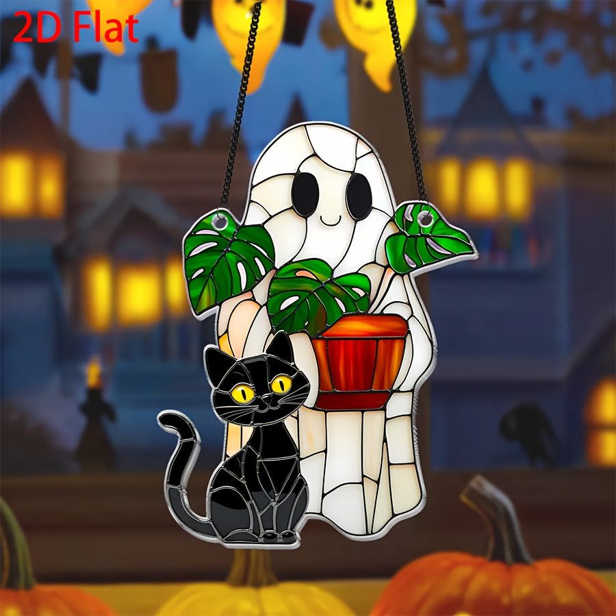 2D Flat, 2D Flat Cute Ghost Plant And Black Cat ACRYLIC Suncatcher, Ghost Monstra Window Hanging, Hangings Plant Lover Gift, Black Cat Lover, Mom Gift, Halloween Decor Acrylic Ornament Art Christmas Ornament, Car Interiors, 2 SS69