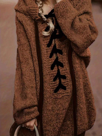 Plus Size, Plus-Size Women's Elegant Hooded Sweater - Long Sleeve Pullover with Adjustable Drawstring Hood, Soft Stretchy Fabric, Machine Washable, Solid Color Casual Winter Fall Tops, Sweater Hoodie, Autumn Apparel, Minimali