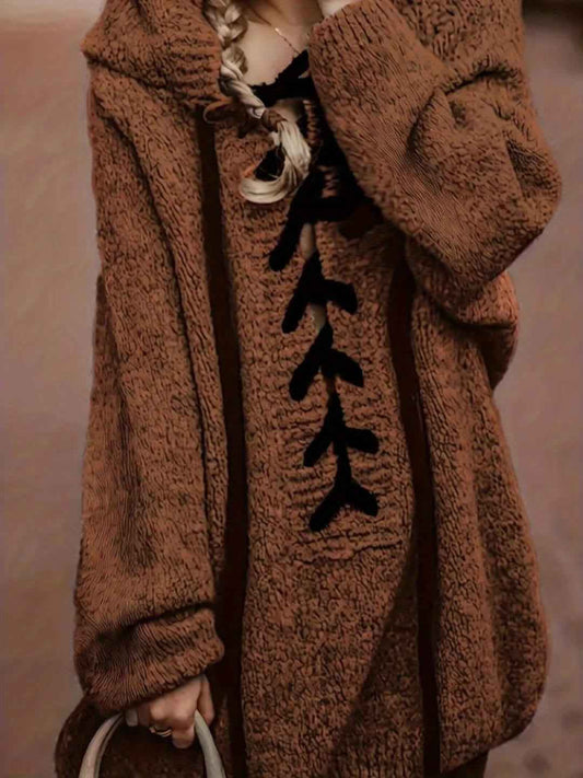 Plus Size, Plus-Size Women's Elegant Hooded Sweater - Long Sleeve Pullover with Adjustable Drawstring Hood, Soft Stretchy Fabric, Machine Washable, Solid Color Casual Winter Fall Tops, Sweater Hoodie, Autumn Apparel, Minimali