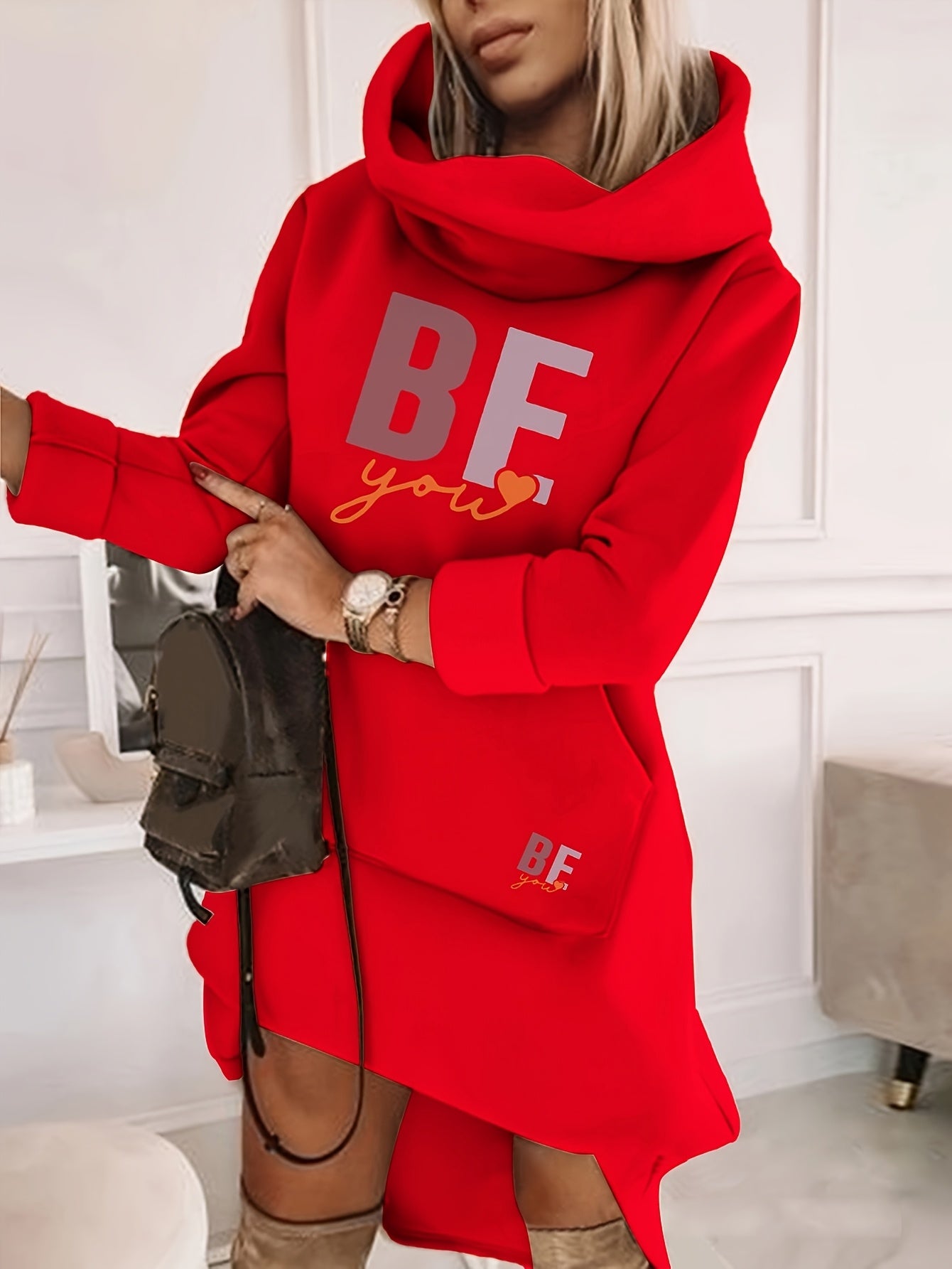 Women's Fashion Hooded Tunic Dress, 100% Polyester Knit Fabric, Geometric Pattern, Applique Detail, for Spring/Summer/Fall SS69