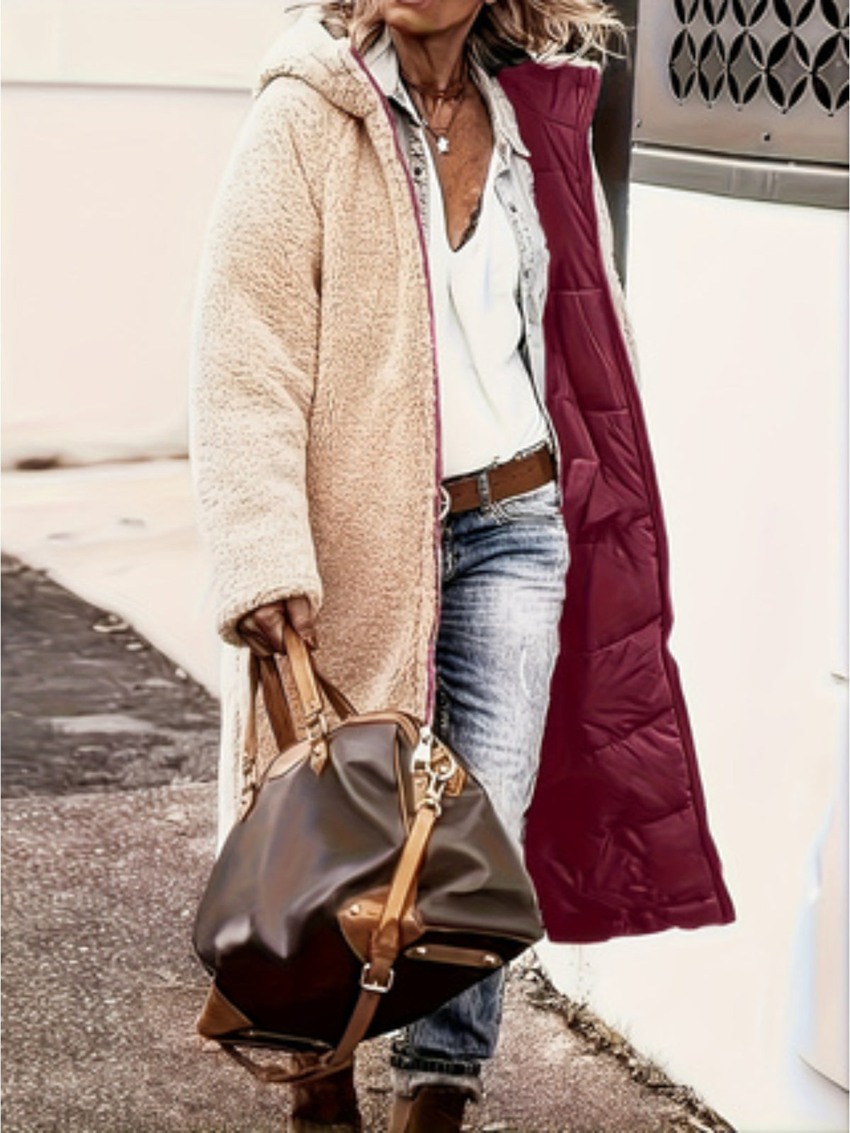 Plus Size, Plus Size Women's Elegant Quilted Teddy Parka Coat - Dual-Sided Hooded Winter Jacket with Full-Length Zipper, A-Line Silhouette & -Sweeping Hem, Machine Washable Outerwear