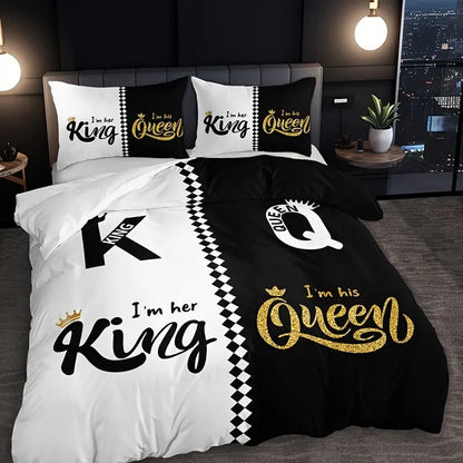 3pcs Soft & Breathable Duvet Cover Set - HD Black & White Letter Crown Print, Includes 1 Duvet Cover and 2 Pillowcases (No Insert) - Perfect for All Seasons SS69