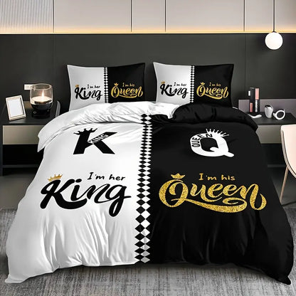 3pcs Soft & Breathable Duvet Cover Set - HD Black & White Letter Crown Print, Includes 1 Duvet Cover and 2 Pillowcases (No Insert) - Perfect for All Seasons SS69