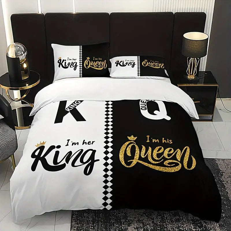3pcs Soft & Breathable Duvet Cover Set - HD Black & White Letter Crown Print, Includes 1 Duvet Cover and 2 Pillowcases (No Insert) - Perfect for All Seasons SS69