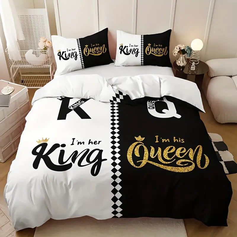 3pcs Soft & Breathable Duvet Cover Set - HD Black & White Letter Crown Print, Includes 1 Duvet Cover and 2 Pillowcases (No Insert) - Perfect for All Seasons SS69