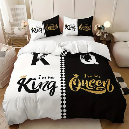 3pcs Soft & Breathable Duvet Cover Set - HD Black & White Letter Crown Print, Includes 1 Duvet Cover and 2 Pillowcases (No Insert) - Perfect for All Seasons SS69