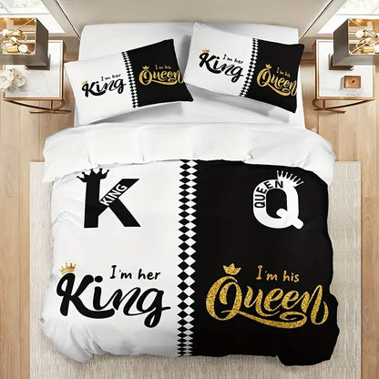3pcs Soft & Breathable Duvet Cover Set - HD Black & White Letter Crown Print, Includes 1 Duvet Cover and 2 Pillowcases (No Insert) - Perfect for All Seasons SS69