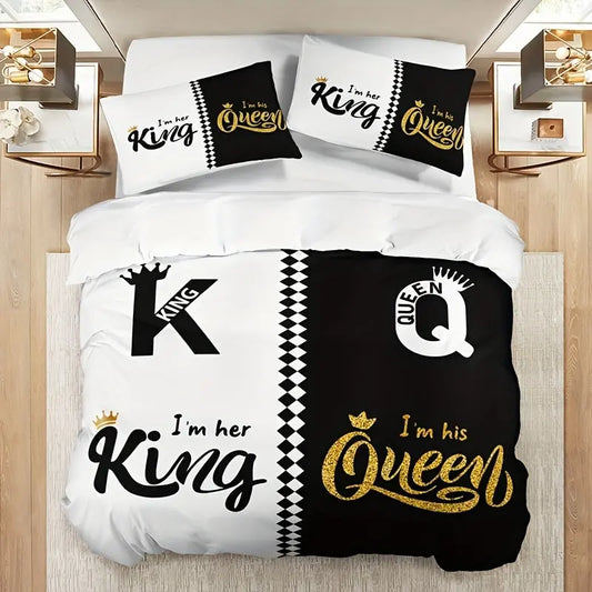 3pcs Soft & Breathable Duvet Cover Set - HD Black & White Letter Crown Print, Includes 1 Duvet Cover and 2 Pillowcases (No Insert) - Perfect for All Seasons SS69