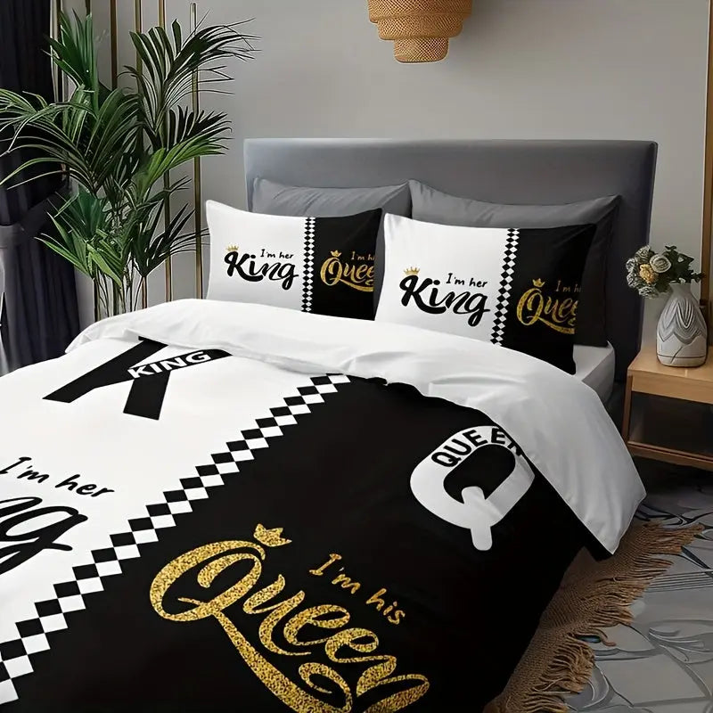 3pcs Soft & Breathable Duvet Cover Set - HD Black & White Letter Crown Print, Includes 1 Duvet Cover and 2 Pillowcases (No Insert) - Perfect for All Seasons SS69