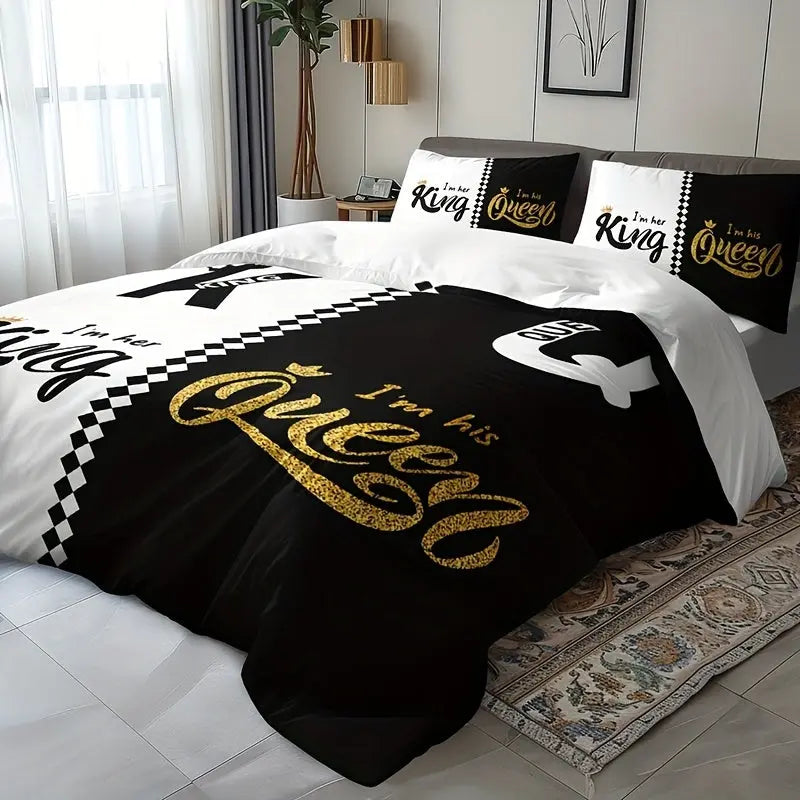 3pcs Soft & Breathable Duvet Cover Set - HD Black & White Letter Crown Print, Includes 1 Duvet Cover and 2 Pillowcases (No Insert) - Perfect for All Seasons SS69