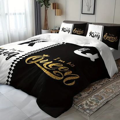3pcs Soft & Breathable Duvet Cover Set - HD Black & White Letter Crown Print, Includes 1 Duvet Cover and 2 Pillowcases (No Insert) - Perfect for All Seasons SS69