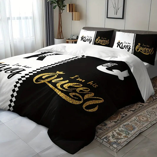 3pcs Soft & Breathable Duvet Cover Set - HD Black & White Letter Crown Print, Includes 1 Duvet Cover and 2 Pillowcases (No Insert) - Perfect for All Seasons SS69