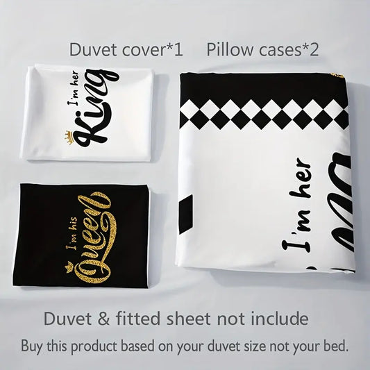 3pcs Soft & Breathable Duvet Cover Set - HD Black & White Letter Crown Print, Includes 1 Duvet Cover and 2 Pillowcases (No Insert) - Perfect for All Seasons SS69