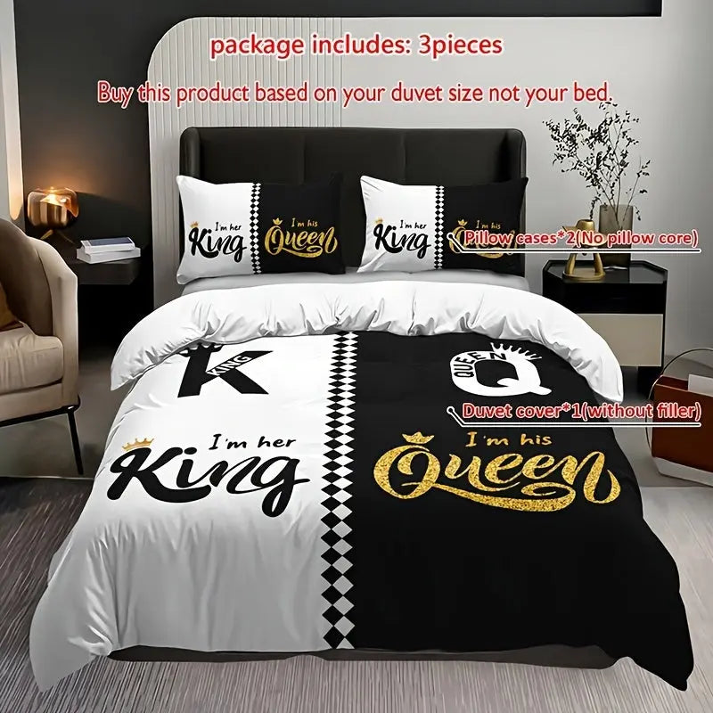 3pcs Soft & Breathable Duvet Cover Set - HD Black & White Letter Crown Print, Includes 1 Duvet Cover and 2 Pillowcases (No Insert) - Perfect for All Seasons SS69 38.69 Multicolor / 264cm*229cm
