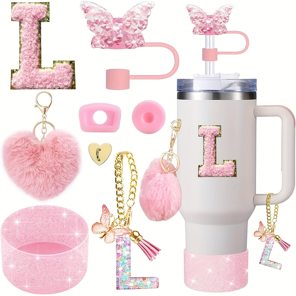 8pcs Cup Accessories for Cup 30oz 40oz Includes Butterfly Straw Cover Cap Silicone Boot Alphabet Handle Charm Initials Sticker 2pcs Spill Proof Stopper Heart Hook Love Plush Ball, Best for Christmas, Perfect for Thanksgiving SS69