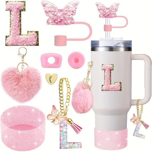 8pcs Cup Accessories for Cup 30oz 40oz Includes Butterfly Straw Cover Cap Silicone Boot Alphabet Handle Charm Initials Sticker 2pcs Spill Proof Stopper Heart Hook Love Plush Ball, Best for Christmas, Perfect for Thanksgiving SS69