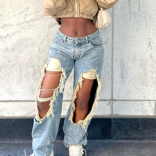 Women's High-Waisted Straight-Leg Jeans with Distressed Ripped Design - Trendy, Comfortable, and Versatile for All Seasons - Made of, Polyester, and Elastane Blend - Perfect for Casual Wear, Allseason Jeans | Vintage Style Je SS69 30.69 Light Blue / XL