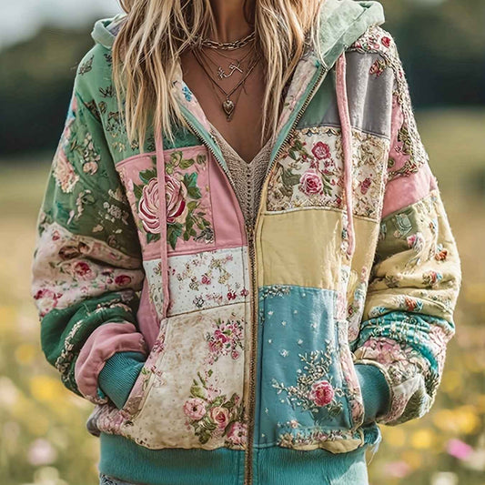 Plus Size, Women's Plus Size Vintage Bohemian Floral & plant print Hooded Jacket/Sweatshirt - Elegant Loose Fit Oversized Coat with Full-Length Zipper, H-Line Silhouette for Fall Winter Spring, Machine Washable for easy care