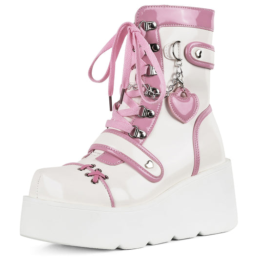 [Goth Rave High Heel Boots] Goth Rave High Heel Round Toe Zipper Wedges Mid Calf Booties - Platform Ankle Boots For Women - Kawaii Shoes SS69 56.69 US 10 / pink