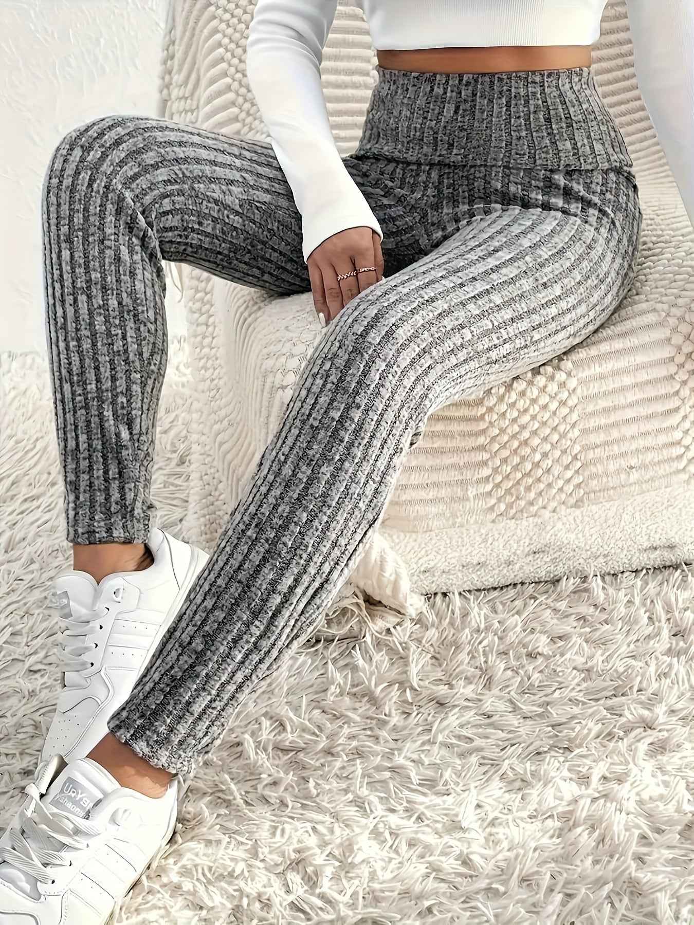 1pc Plus Size High Waist Solid Color Knit Leggings, Casual Stretchy Slimming Tights for Women, Polyester Knitted Fabric, Autumn/Winter Season