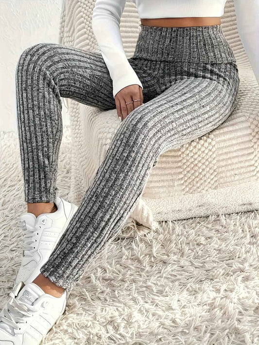 1pc Plus Size High Waist Solid Color Knit Leggings, Casual Stretchy Slimming Tights for Women, Polyester Knitted Fabric, Autumn/Winter Season