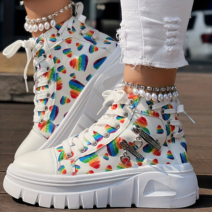 Heart Print Double Zipper Design Lace-up Sneakers - SS69