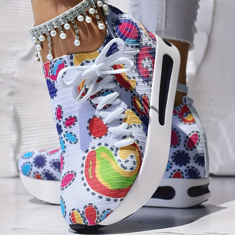 Fabric Upper Low Top Women's Fashion Sneakers, Casual Lace-up Printed Shoes, MD Sole, Fabric Lining, Random Print, All-Season - SS69