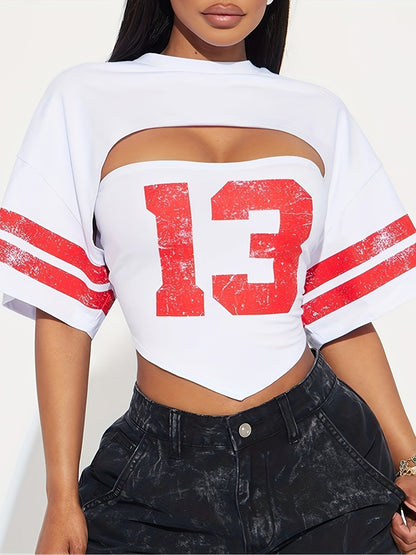 Women'S "98" Graphic Crop Top with Short Sleeves - Black, Casual Two-Piece Set with High-Waisted Jeans, Polyester Blend, Casual Attire|Graphic Crop Top|Knit Construction SS69
