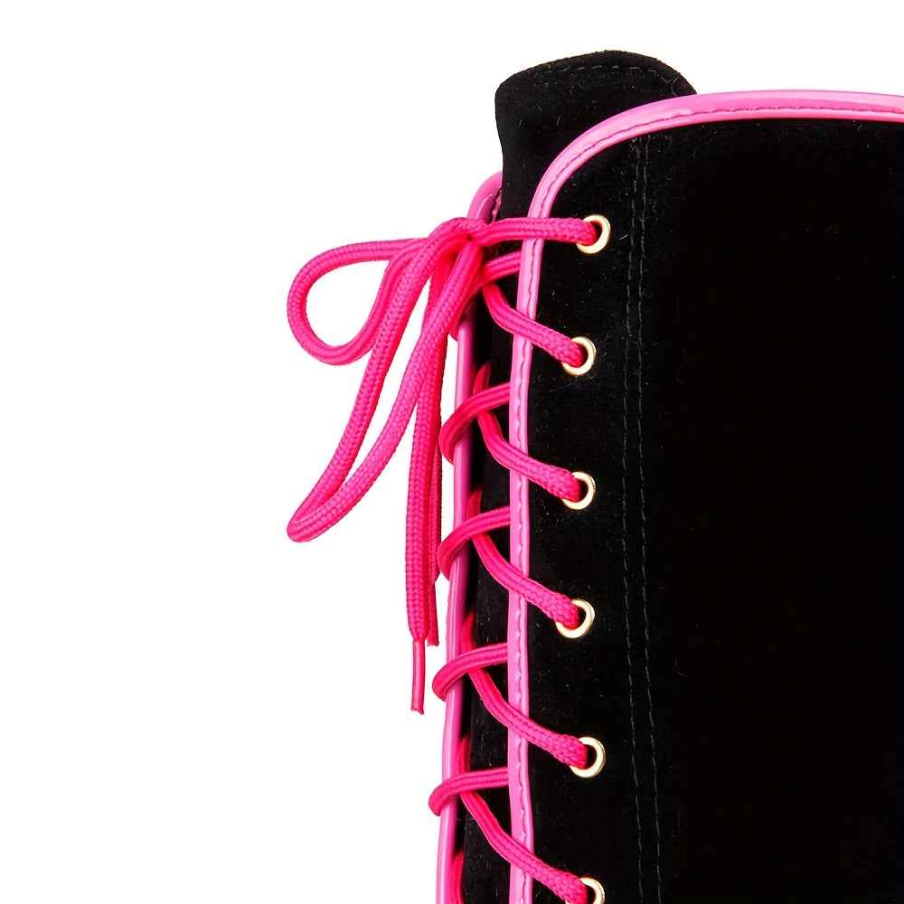 EROCALLI Women'S Gothic Y2K Platform Wedge Heel Knee-High Boots - Chunky Heel Lace-Up with Side Zipper, Faux Cover & Rubber Sole for Casual Party & Daily Wear, High Heel Boots, Party Footwear, Bold Fashion Statement, Durable