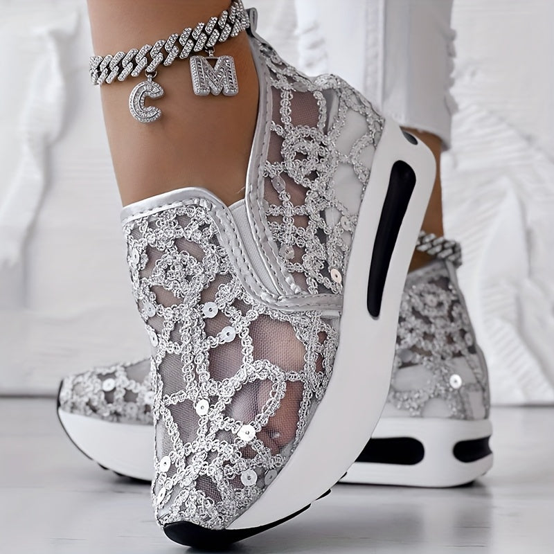 [Abstract Sneakers] Casual Abstract Print Wedge Sneakers | Side Lace-up - Without Anklet SS69 25.69 【silvery】 / US 11.5