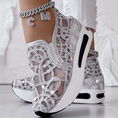 [Abstract Sneakers] Casual Abstract Print Wedge Sneakers | Side Lace-up - Without Anklet SS69 25.69 【silvery】 / US 11.5