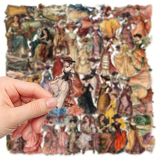 50pcs YWWBLD Vintage European & American Character Stickers - Transparent, Matte Finish, Polyethylene Terephthalate, Self-Adhesive for Scrapbooking, Luggage & Room Decorations SS69