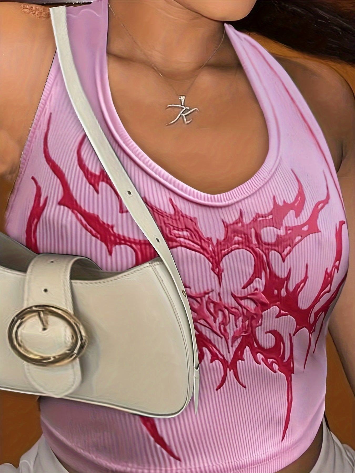 1pc Women'S Sexy Polyester Round Neck Tank Top, Spring/Summer/Autumn Casual Sleeveless Knitted Vest with Graphic Print Design SS69