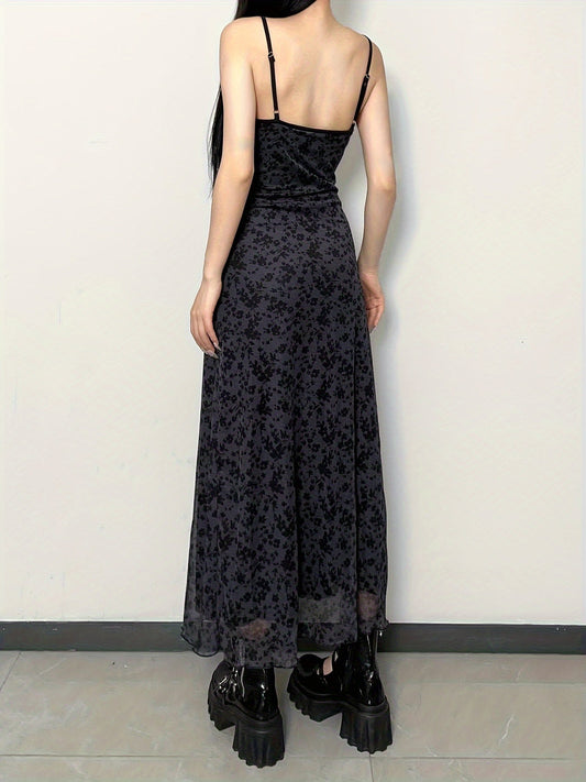 [Vintage Floral Dress] Floral Mesh Patchwork Long Dress - Slim Fit Vintage Style for Japanese and Korean Street Fashion SS69