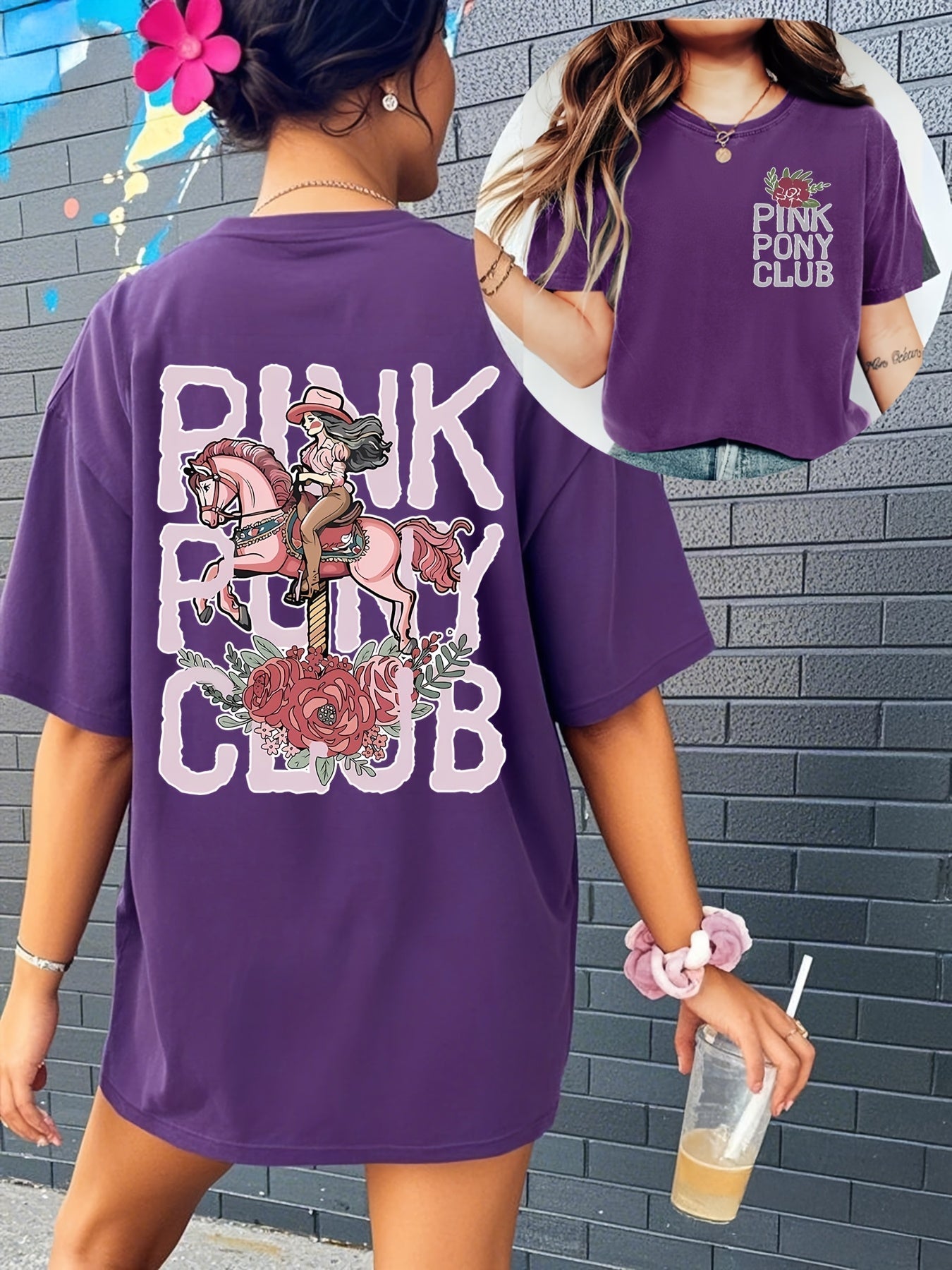 Fashionable Casual Short-Sleeve Summer T-Shirt for Women with a Round Neck, Featuring a Printed Design of a Western Cowgirl on The Front And Back. SS69