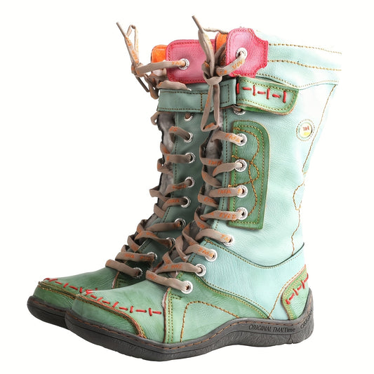 [Vintage Winter Boots] TMA EYE Vintage Winter Non-Slip Leather Boots, Powder-Coated Color-Blocking Fleece Mid-Calf Long Boots, Flat Thick-Soled Hiking Boots - SS69