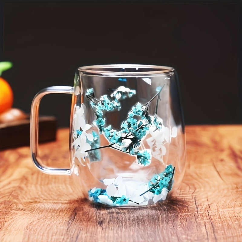 1pc Innovative Double Glass with Real Dry Flowers-High Borosilicate Glass, Suitable for Coffee and Tea-Ideal for Home, Office or Bar Use. SS69