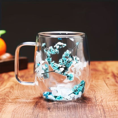 1pc Innovative Double Glass with Real Dry Flowers-High Borosilicate Glass, Suitable for Coffee and Tea-Ideal for Home, Office or Bar Use. SS69