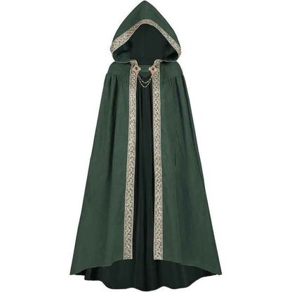 Medieval-Style Hooded Cape Costume, Celtic Knot & Satin Trim, Adjustable Tie-Front Closure, Renaissance Faire Outfit for Renaissance Festival Cosplay Themed Parties, Beige Pink Dark Green Burgundy