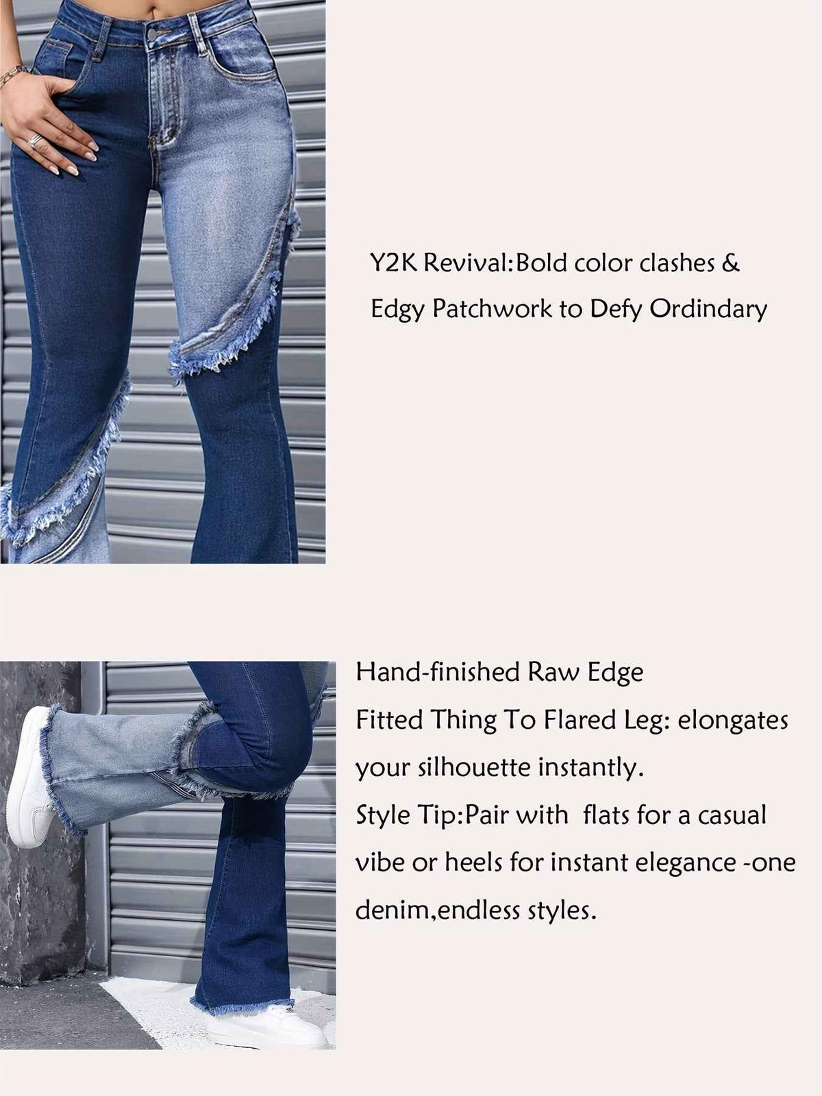 Women's High Waist Stretch Denim Jeans - Slim Fit Y2K Street Style with Two-Tone Patchwork & Raw Edge Flared Legs, Machine Washable Blue Washed Trousers, Trendy Outfit Pants, Bellbottom Silhouette, Detailed Stitching