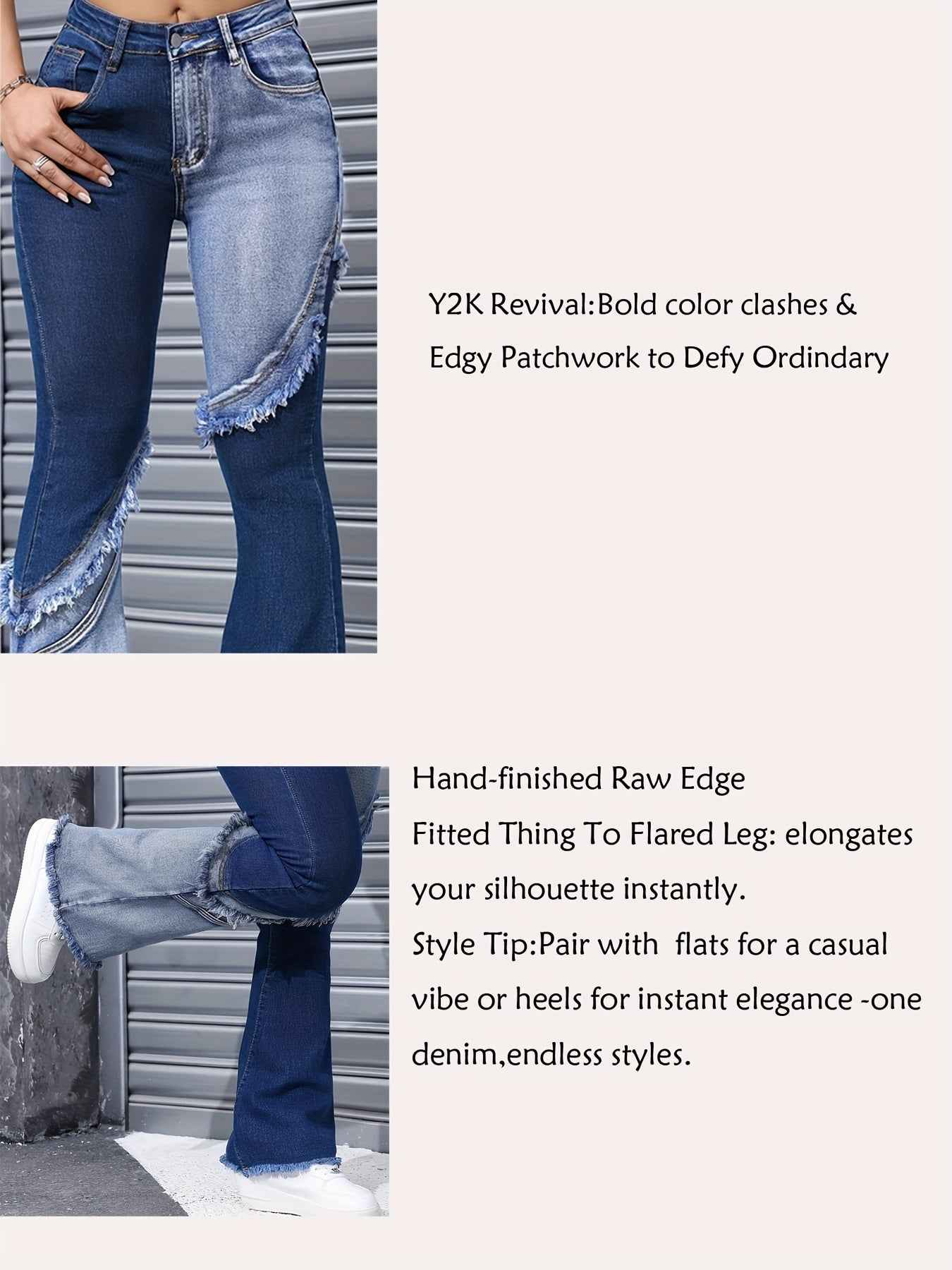 Women's High Waist Stretch Denim Jeans - Slim Fit Y2K Street Style with Two-Tone Patchwork & Raw Edge Flared Legs, Machine Washable Blue Washed Trousers, Trendy Outfit Pants, Bellbottom Silhouette, Detailed Stitching